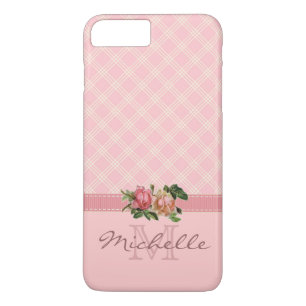 Elegant Vintage Pink Plaid & Floral Monogram Name iPhone 8 Plus/7 Plus Case