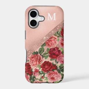Elegant Vintage Pink Red Roses Floral Monogram