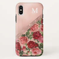 Elegant Vintage Pink Red Roses Floral Monogram