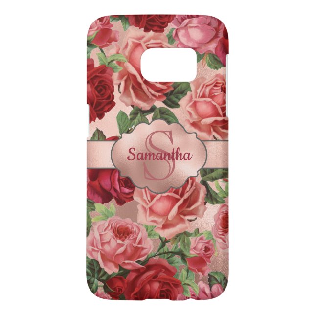Elegant Vintage Pink Red Roses Floral Monogrammed Case-Mate Samsung Galaxy Case (Back)