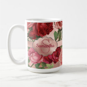 Elegant Vintage Pink Red Roses Floral Monogrammed Coffee Mug