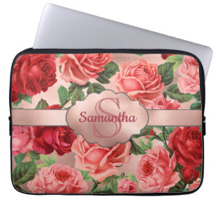 Elegant Vintage Pink Red Roses Floral Monogrammed Laptop Sleeve