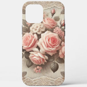 Elegant Vintage Pink Rose Floral with Lace iPhone 12 Pro Max Case