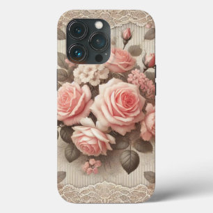 Elegant Vintage Pink Rose Floral with Lace iPhone 13 Pro Case