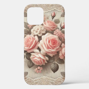 Elegant Vintage Pink Rose Floral with Lace iPhone 12 Case