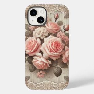 Elegant Vintage Pink Rose Floral with Lace  Case-Mate iPhone 14 Case