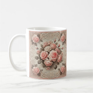 Elegant Vintage Pink Rose Floral with Lace  Coffee Mug