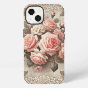 Elegant Vintage Pink Rose Floral with Lace iPhone 13 Case