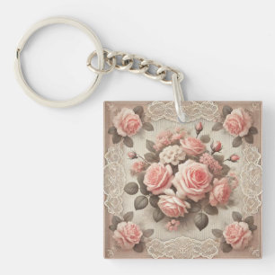 Elegant Vintage Pink Rose Floral with Lace  Key Ring