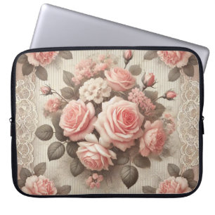 Elegant Vintage Pink Rose Floral with Lace Laptop Sleeve