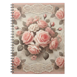 Elegant Vintage Pink Rose Floral with Lace Notebook