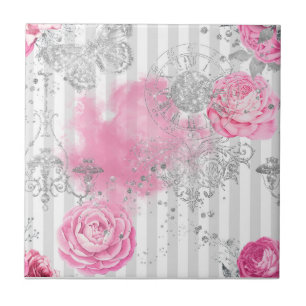Elegant Vintage Pink Rose Silver Glitter Butterfly Tile