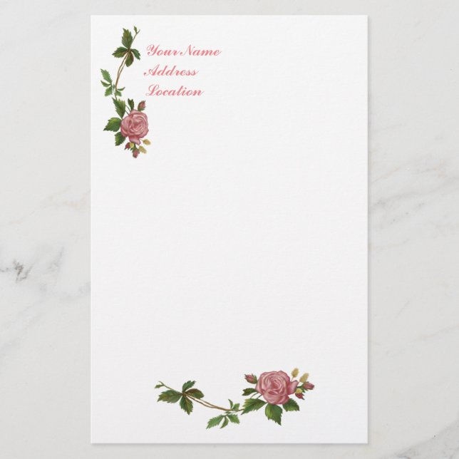 Elegant Vintage Pink Rose Stationery (Front)