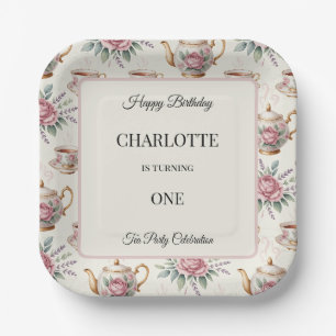 Elegant Vintage Pink Rose Tea Party Name Age Paper Plate