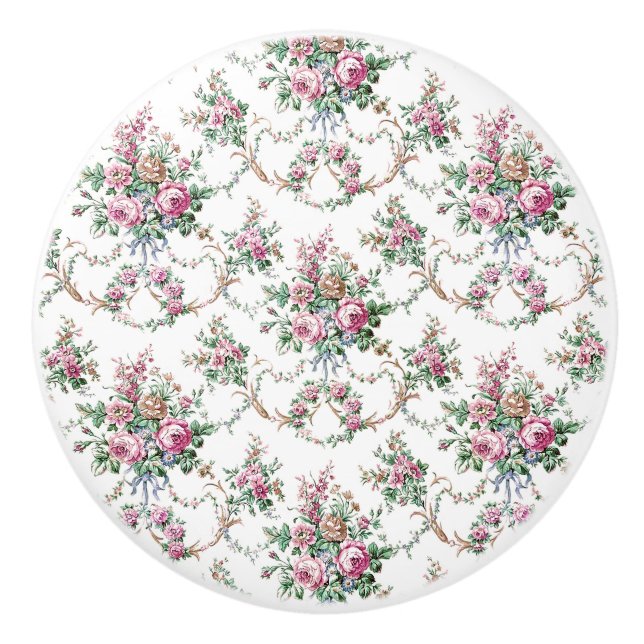 Elegant Vintage Pink Roses and Swags Ceramic Knob (Front)