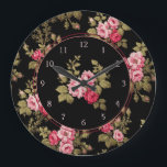Elegant Vintage Pink Roses-Black Background Large Clock<br><div class="desc">Gorgeous sprays of elegant romantic pink roses and lush green foliage on black background with optional centre floral graphic. Pattern is seamless and can be resized up or down using the scale   and - buttons in the design tool. Round elements and numbers are editable.</div>