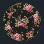 Elegant Vintage Pink Roses-Black Background Large Clock<br><div class="desc">Gorgeous sprays of elegant romantic pink roses and lush green foliage on black background with optional centre floral graphic. Pattern is seamless and can be resized up or down using the scale   and - buttons in the design tool. Round elements and numbers are editable.</div>