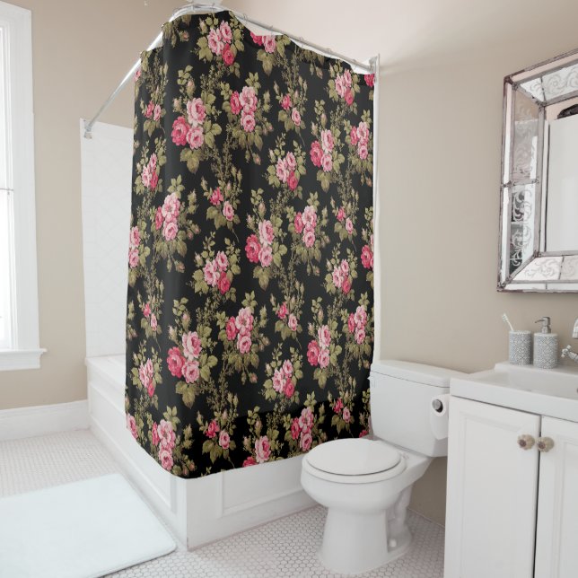 Elegant Vintage Pink Roses-Black Background Shower Curtain (In Situ)