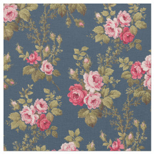 Elegant Vintage Pink Roses-Blue Background Fabric