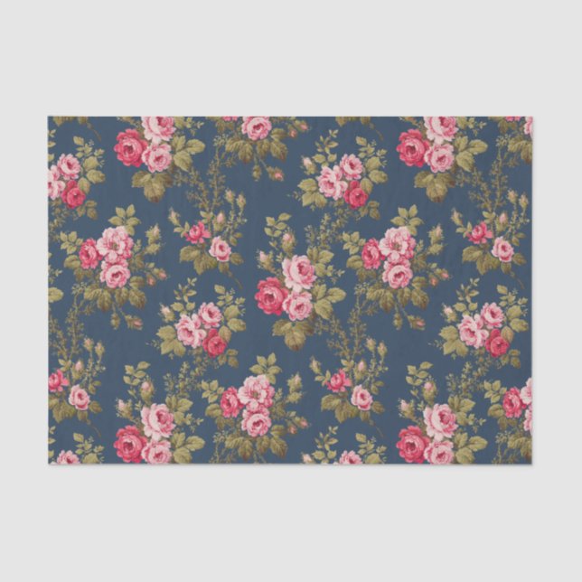 Elegant Vintage Pink Roses-Blue Background Tissue Paper (Front)
