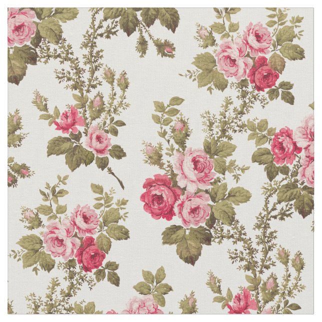 Elegant Vintage Pink Roses-Buff Background Fabric (Close Up)