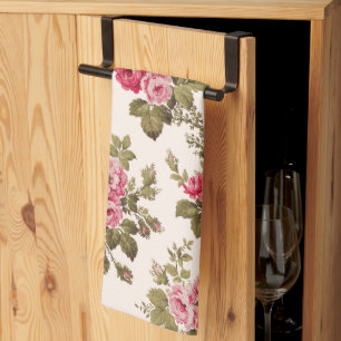 Elegant Vintage Pink Roses-Buff Background Tea Towel