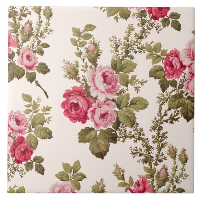 Elegant Vintage Pink Roses-Buff Background Tile (Front)