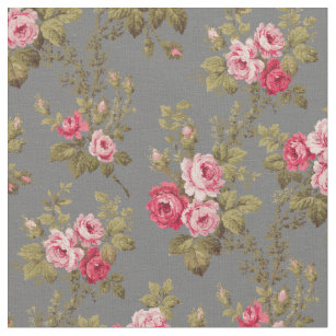Elegant Vintage Pink Roses-Grey Background Fabric