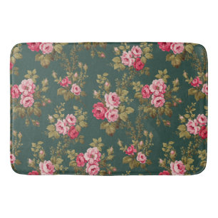 Elegant Vintage Pink Roses on Green Background Bath Mat