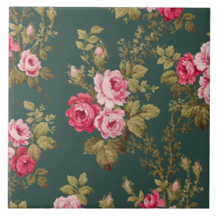 Elegant Vintage Pink Roses on Green Background Tile