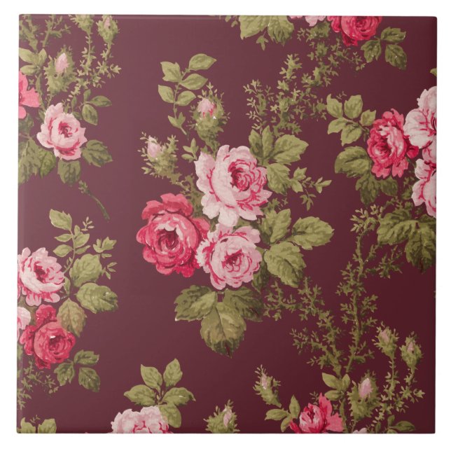 Elegant Vintage Pink Roses on Maroon Background Tile (Front)