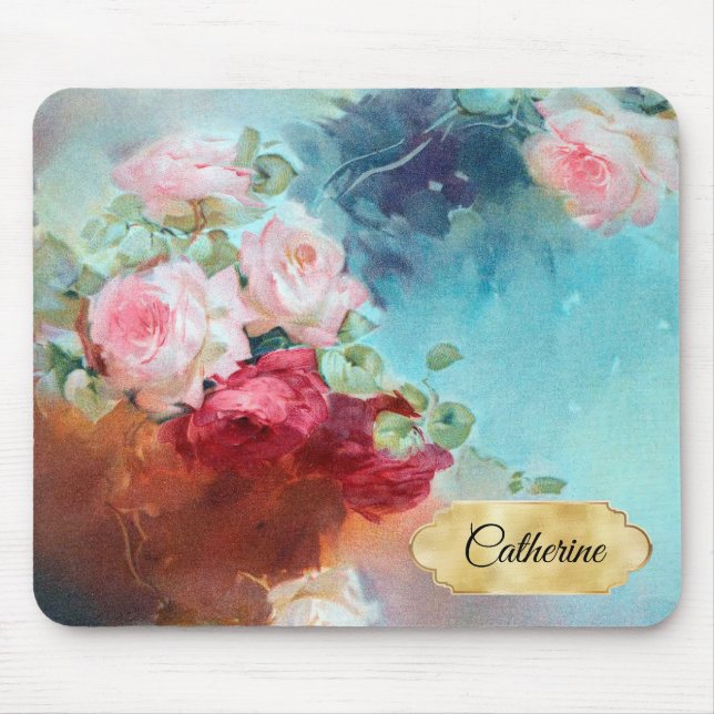 Elegant Vintage Pink Roses Painting Name Mouse Mat (Front)