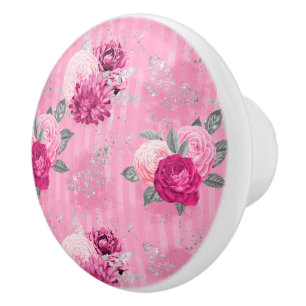 Elegant Vintage Pink Roses Silver Glitter Chic Ceramic Knob