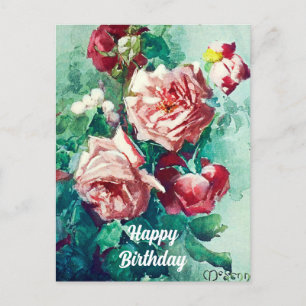 Elegant Vintage Pink Roses Watercolor Painting Postcard
