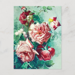 Elegant Vintage Pink Roses Watercolor Painting Postcard