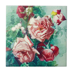 Elegant Vintage Pink Roses Watercolor Painting Tile