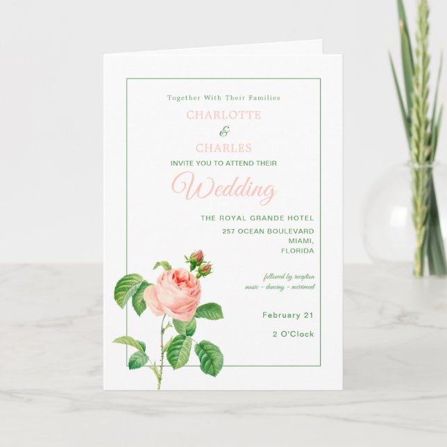 Elegant Vintage Pink Roses Wedding Invitation (Front)
