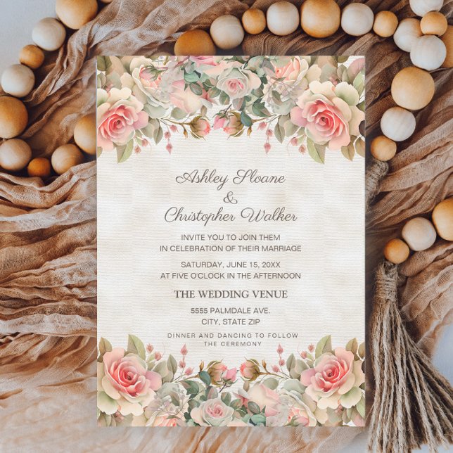 Elegant Vintage Pink Roses Wedding Invitation (Creator Uploaded)