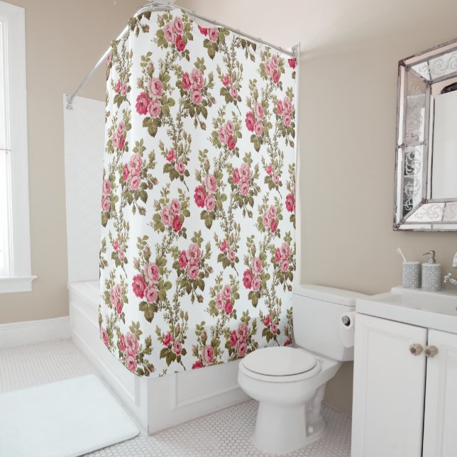 Elegant Vintage Pink Roses-White Background Shower Curtain (In Situ)