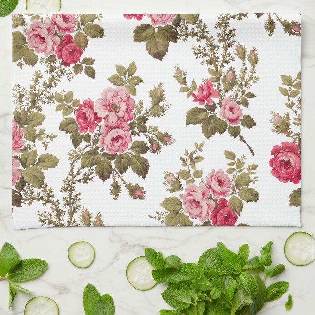 Elegant Vintage Pink Roses-White Background Tea Towel (Folded)