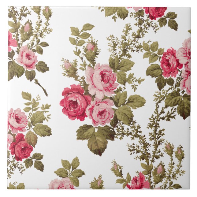 Elegant Vintage Pink Roses-White Background Tile (Front)