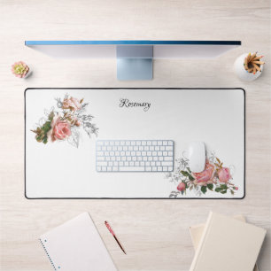 Elegant Vintage Pink Roses with Etched Floral/Name Desk Mat