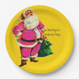 Elegant Vintage pink Santa Christmas Party Paper Plate