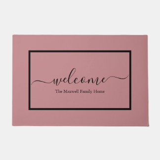 Elegant vintage pink script family name welcome doormat