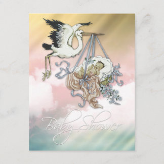 Elegant Vintage Pink Stork Baby Girl Shower Invitation