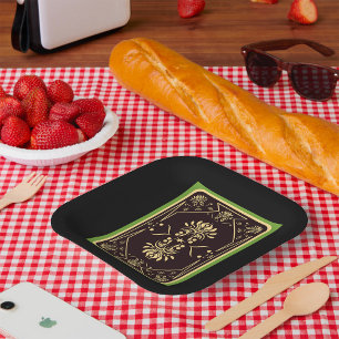 Elegant Vintage Playing Card Black Gold Paper Plate