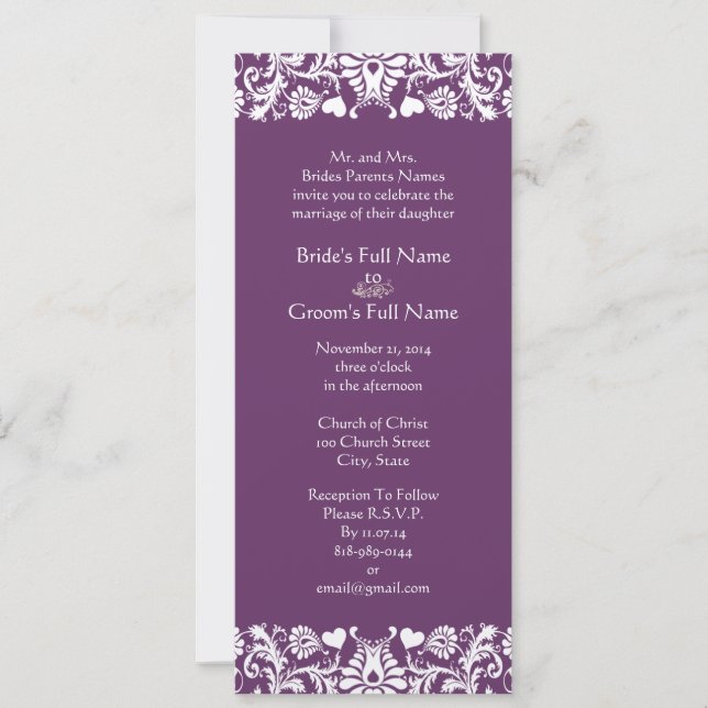 Elegant Vintage Plum Damask Wedding Invitations (Front)