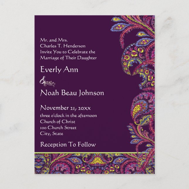 Elegant Vintage Plum Paisley Wedding Invitation (Front)