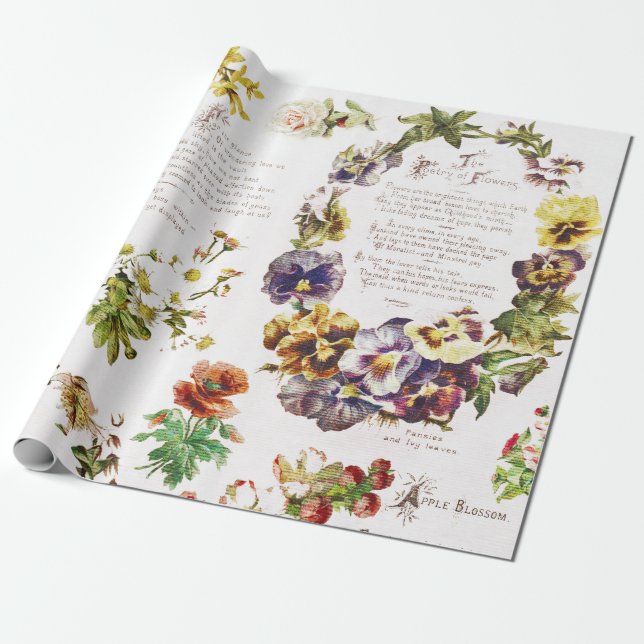 Elegant Vintage Poetry Flowers Antique Book Wrapping Paper (Unrolled)