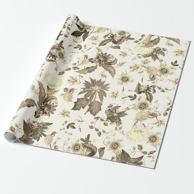 Elegant Vintage Poinsettia Christmas Flowers Beige Wrapping Paper (Unrolled)
